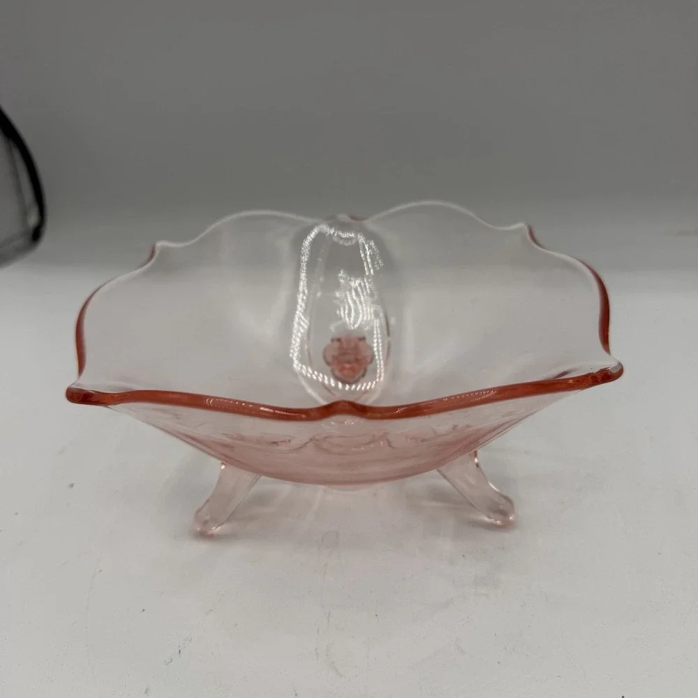 Vintage Lancaster Pink Depression Glass Bowl Petal Rim 3-Footed Dish Candy